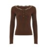 Retro-Print Crew Neck Long-Sleeve Top With Front Buttons