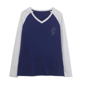 Casual Pure Cotton Color-Block V-Neck Long-Sleeve Top