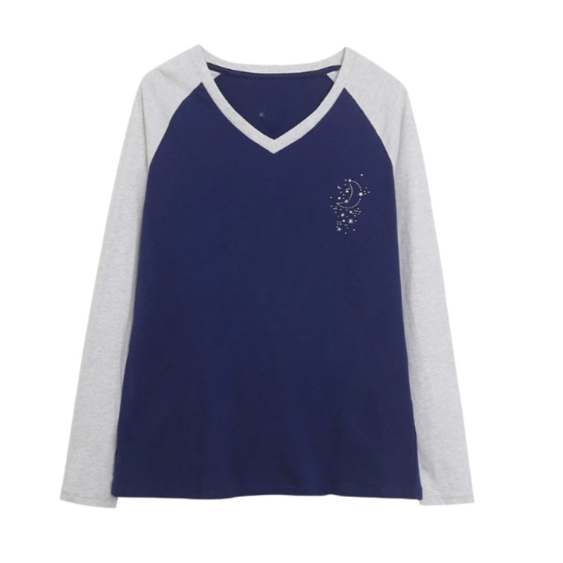 Casual Pure Cotton Color-Block V-Neck Long-Sleeve Top